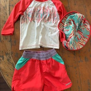 Swim trunks and rash guard top, hat